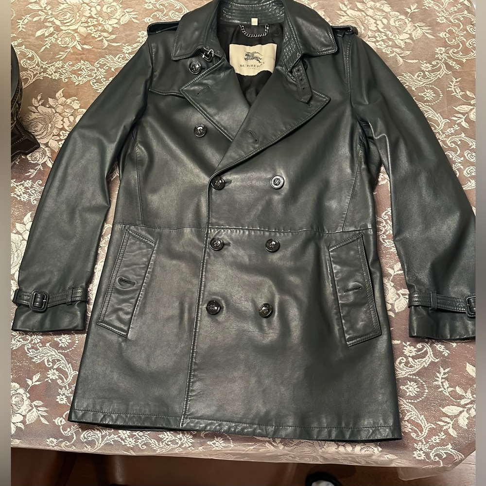 Vintage Mens Burberry London Black Lambskin Leather Trench Coat - Size 54 L/XL